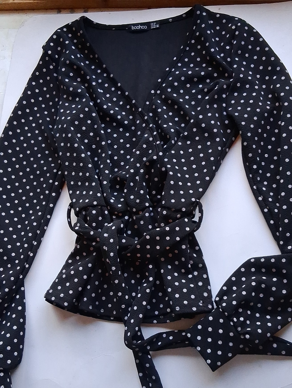 Boohoo Black Polka Dot Wrap Blouse